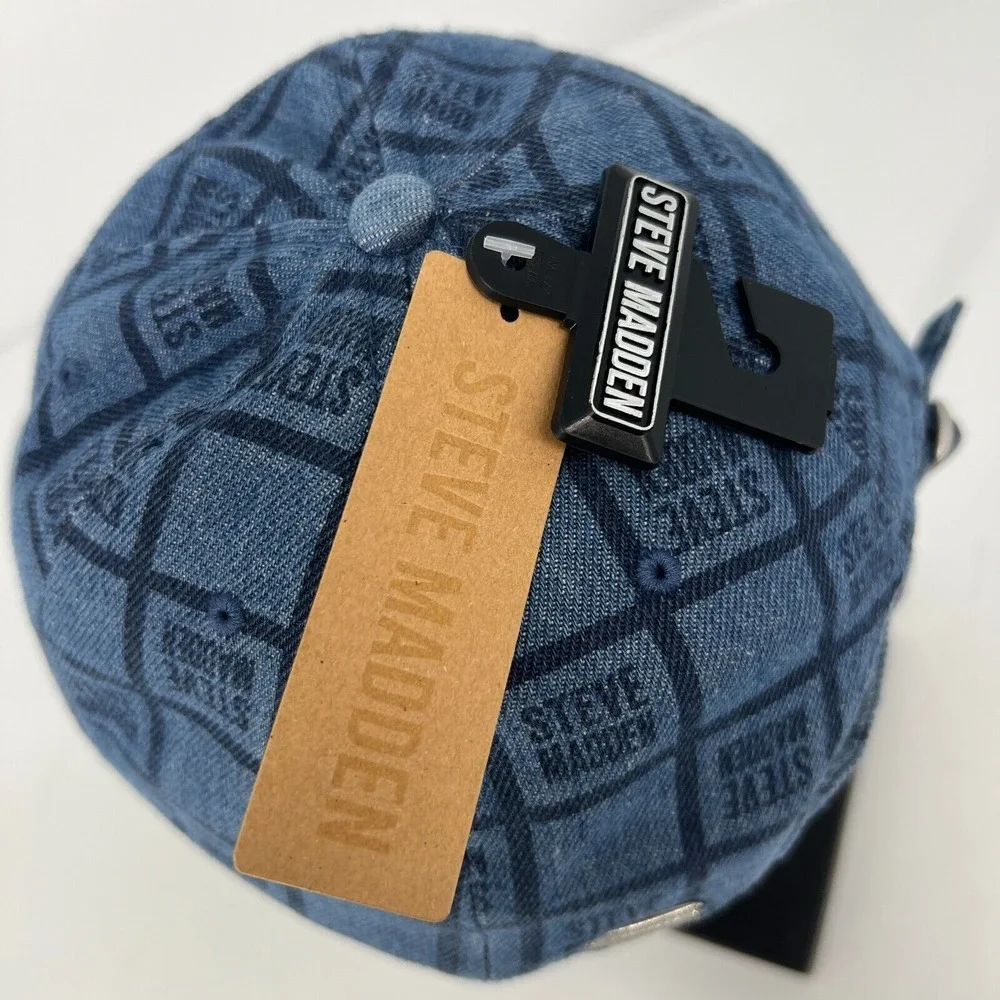 Steve‎ Madden Dark Denim Baseball Hat Womens Multi-Logo Strapback Hat Blue NWT